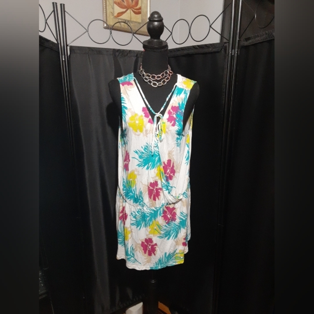 Old Navt Women's Tunic Top Baby Doll Criss Cross Multicolor Floral 2X Boho Lagen
